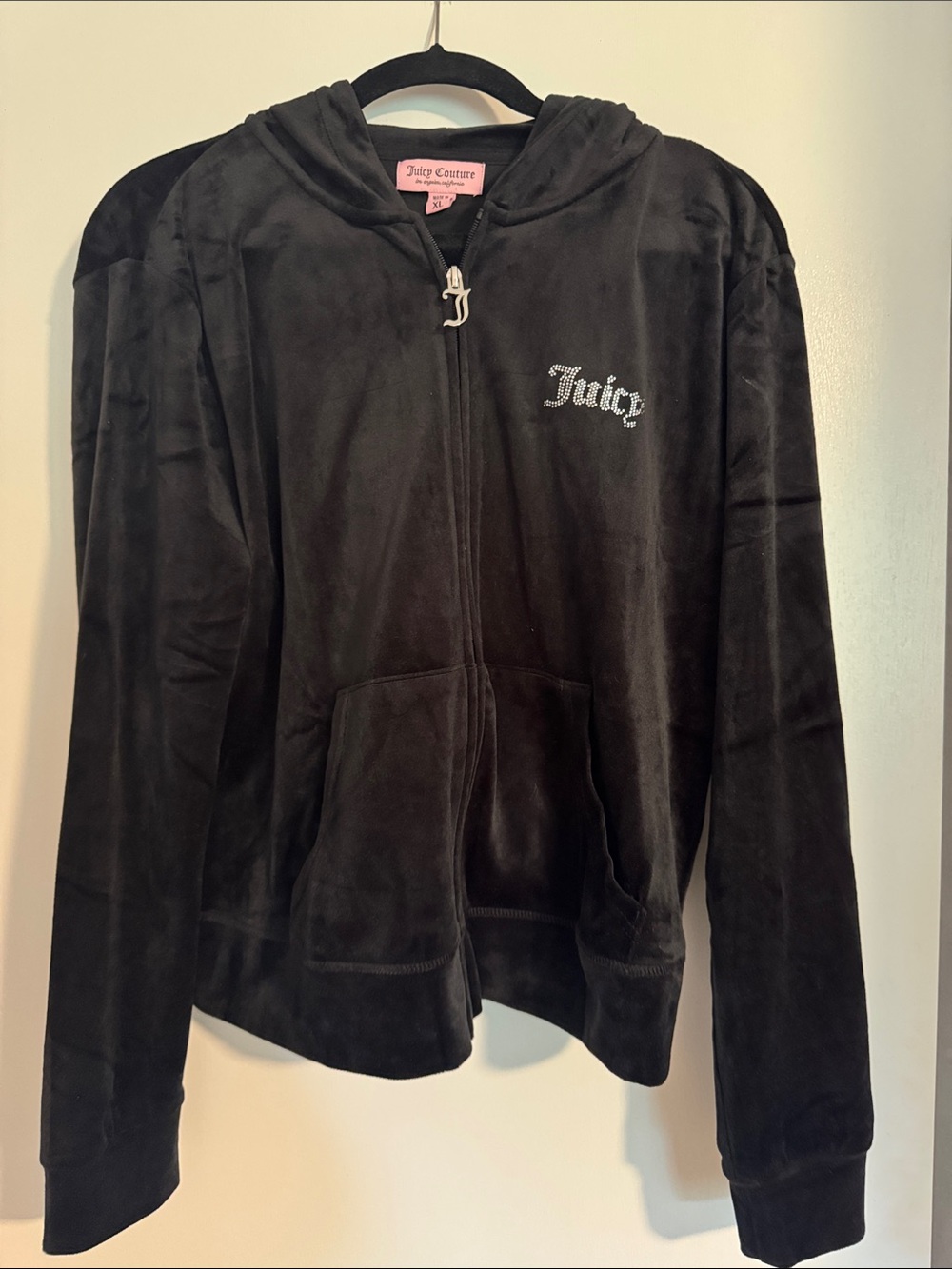 Juicy Couture Black Velour Hoodie with Rhinestone 'Juicy' Logo